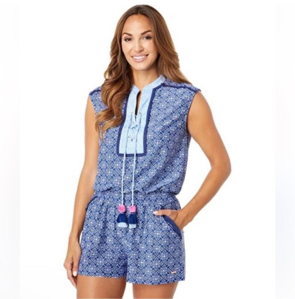 Cabana Life Romper Womens Large Blue West Indies Fringe Tassel Resort Travel
